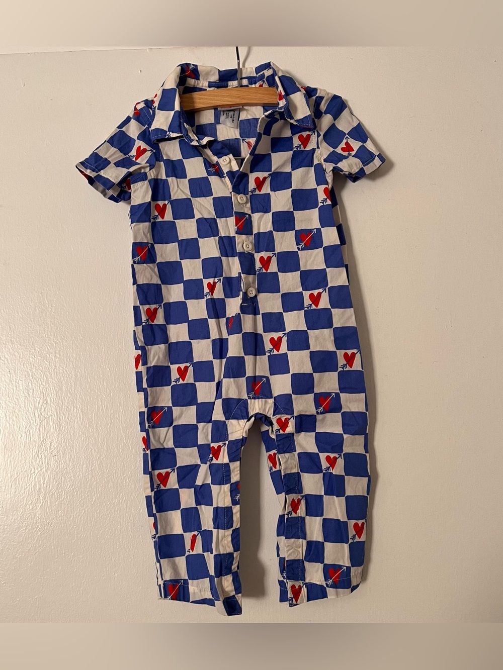 Hanna Andersson blue and white checkerboard baby romper size 80 18-24 months